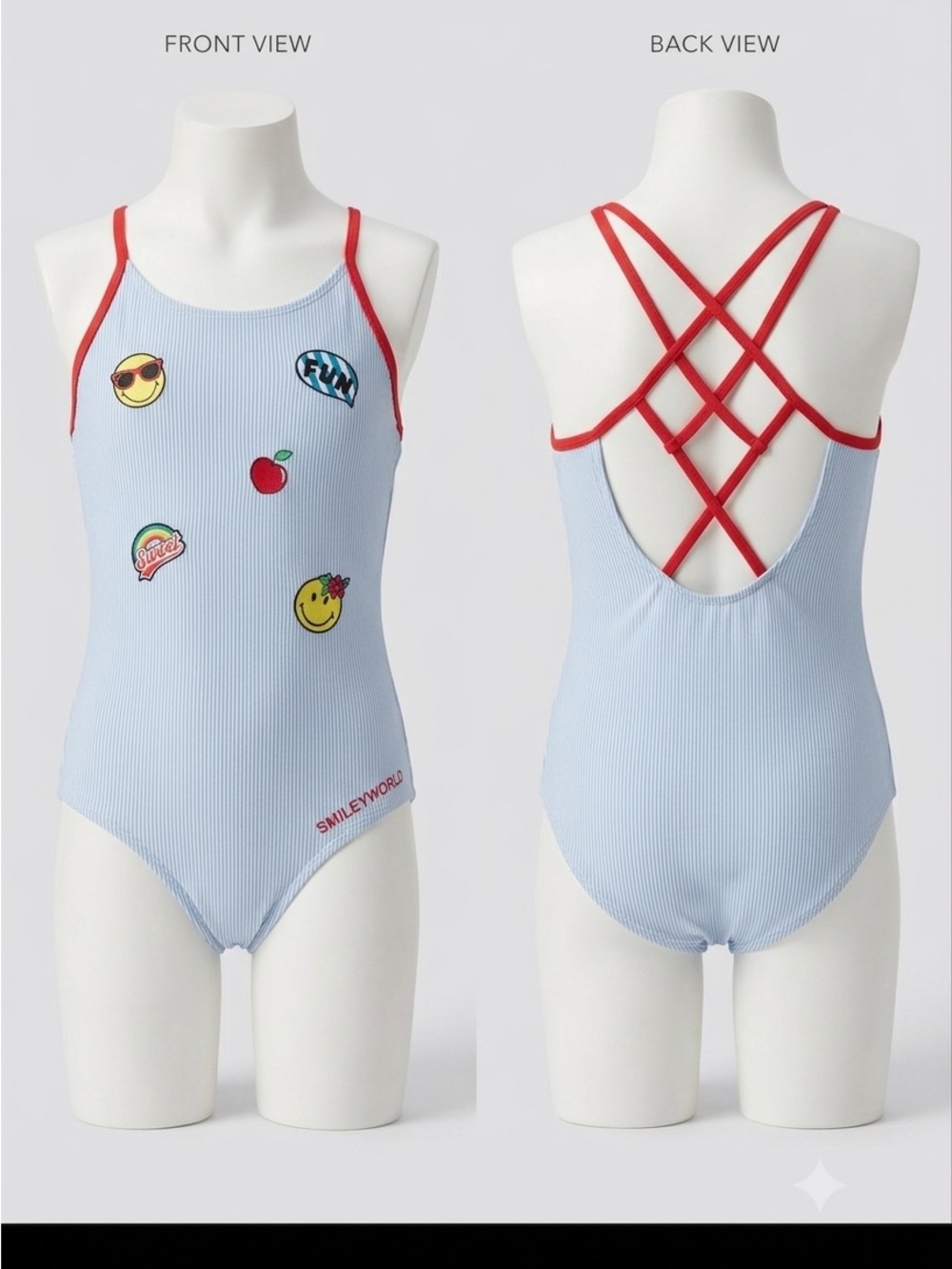 Light Blue Stripe One-Piece Swimsuit with Red Trim for girls 6-7 years old